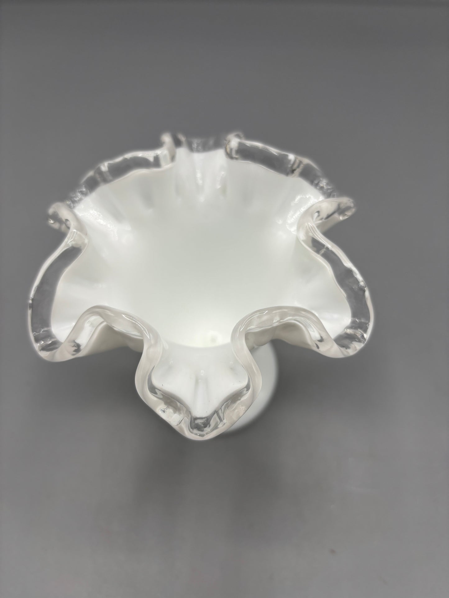 Fenton silver crest milk glass vase with ruffle rim