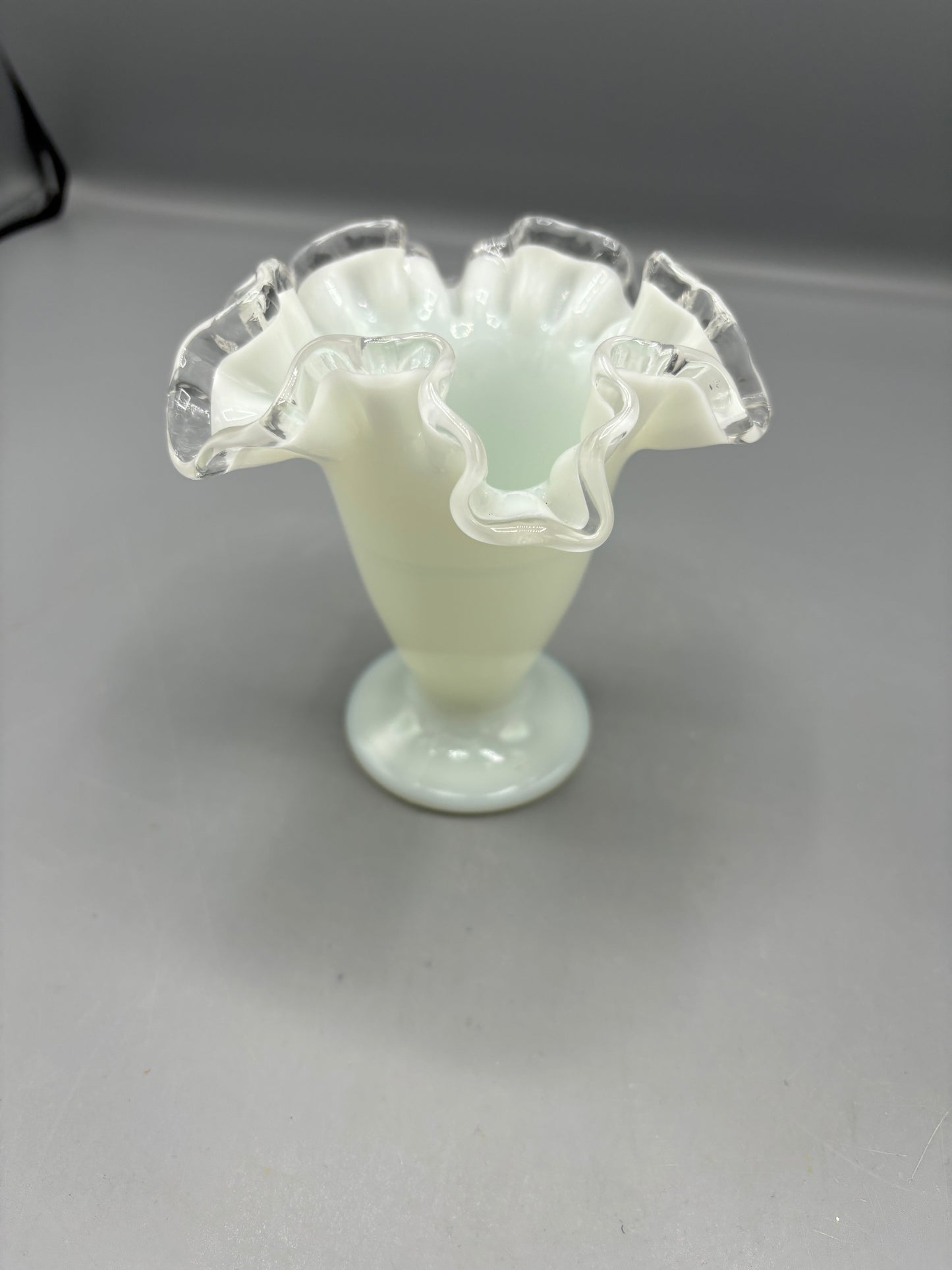 Fenton silvercrest opalescent vase with clear ruffled rim