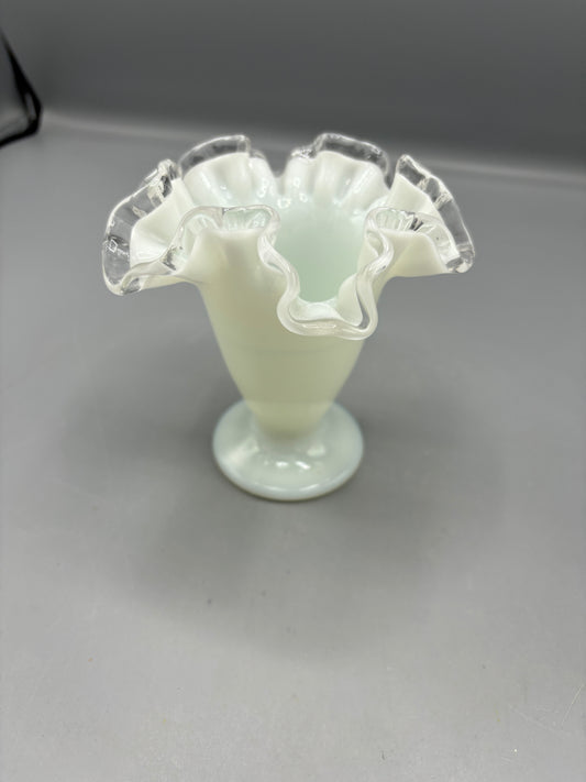 Fenton silvercrest opalescent vase with clear ruffled rim
