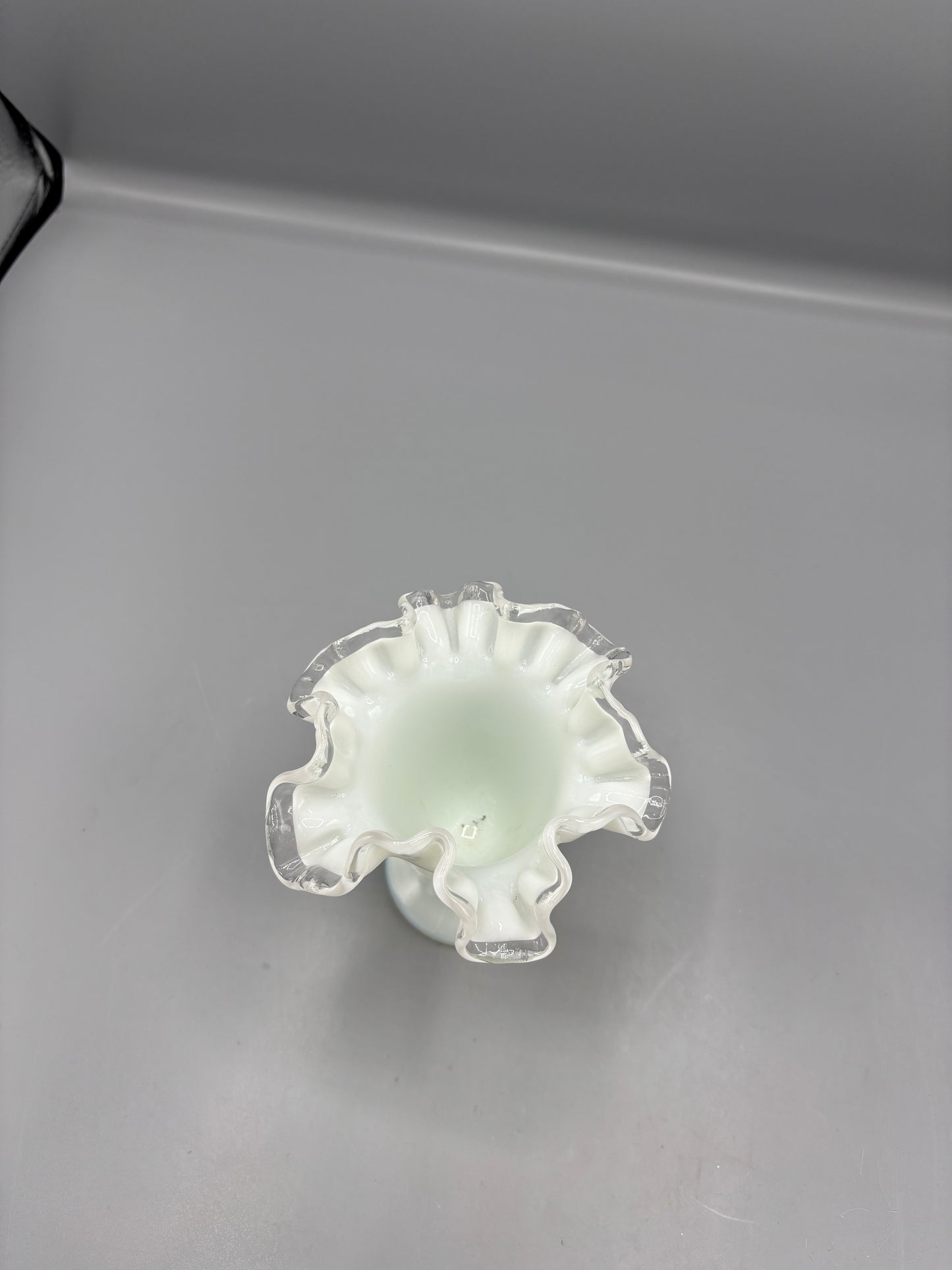 Fenton silvercrest opalescent vase with clear ruffled rim