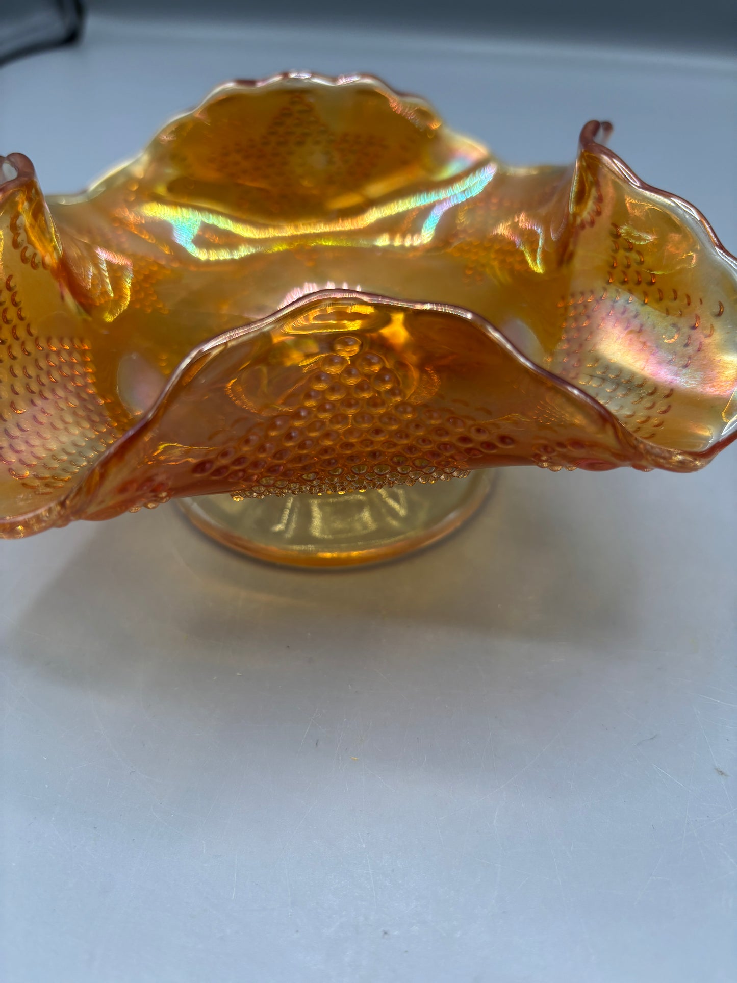 Iridescent marigold carnival hobnail pedestal bowl