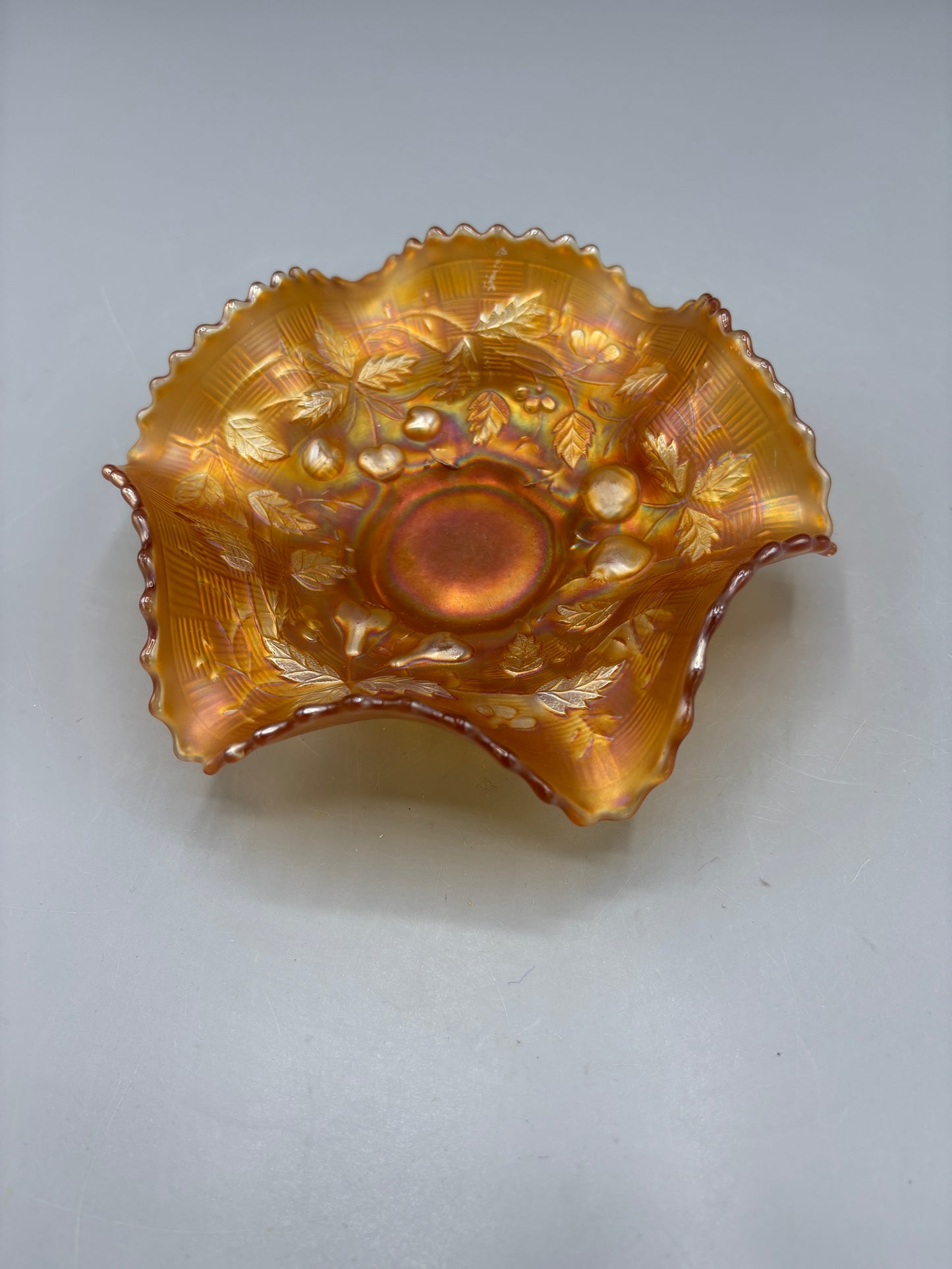 Northwood marigold carnival bowl with fruits and flowers