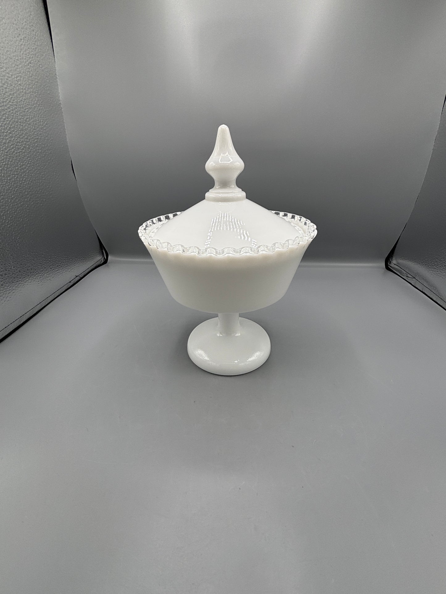 Fenton silvercrest milk glass pedestal candy dish with lid