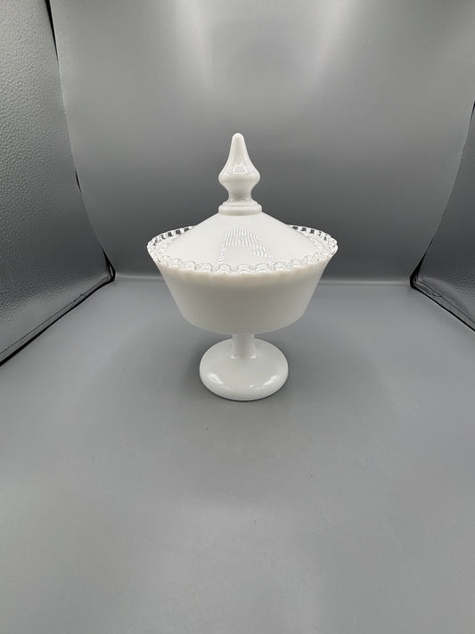 Fenton silvercrest milk glass pedestal candy dish with lid