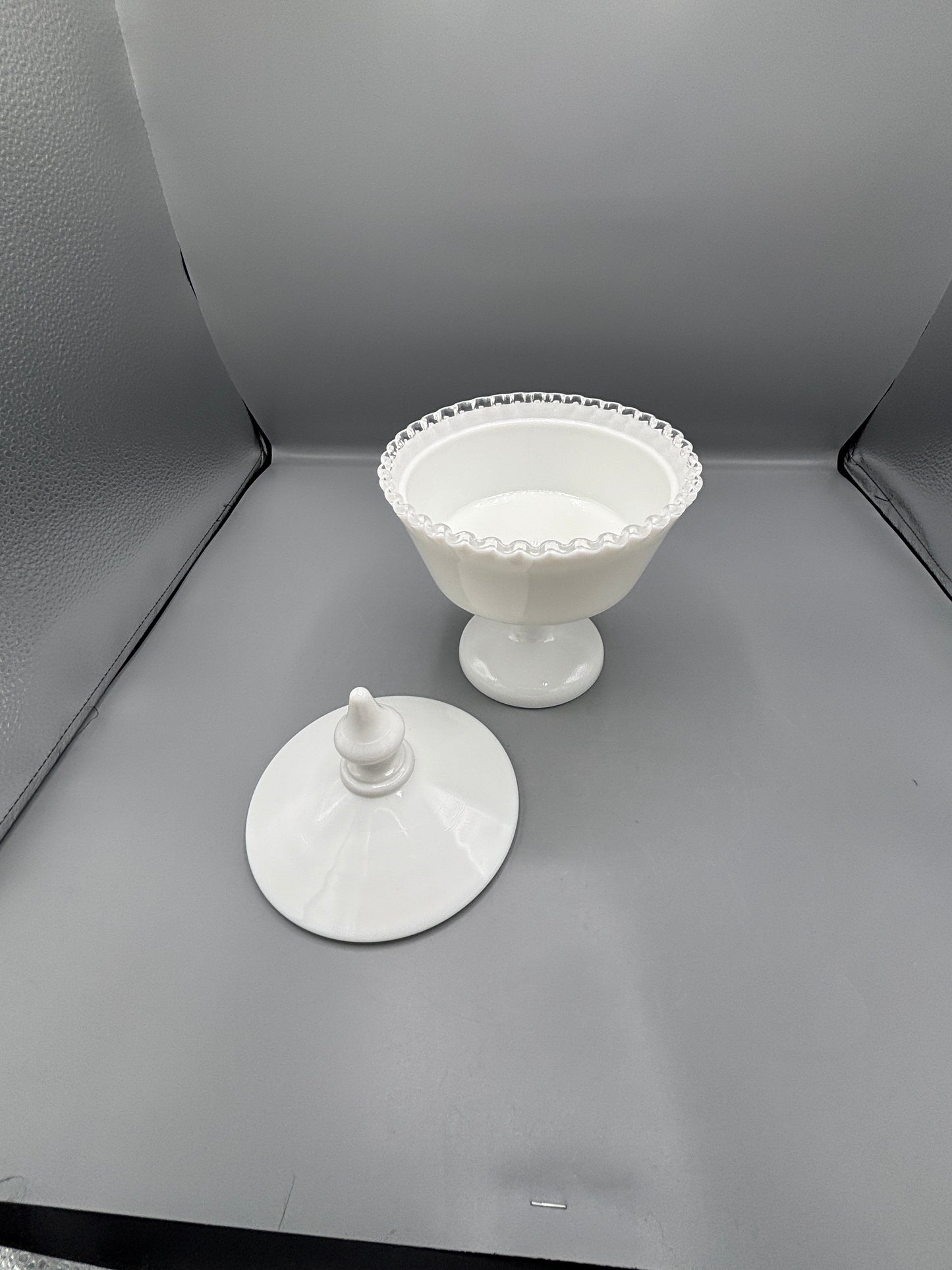 Fenton silvercrest milk glass pedestal candy dish with lid