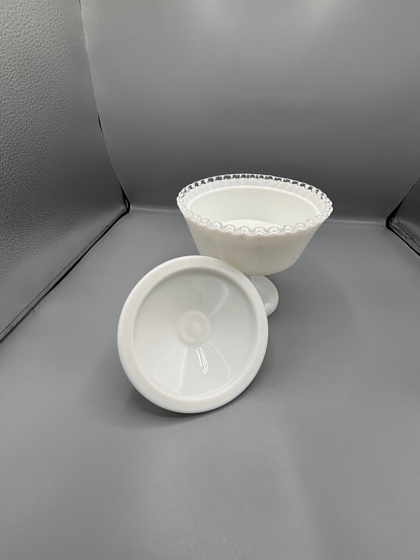 Fenton silvercrest milk glass pedestal candy dish with lid