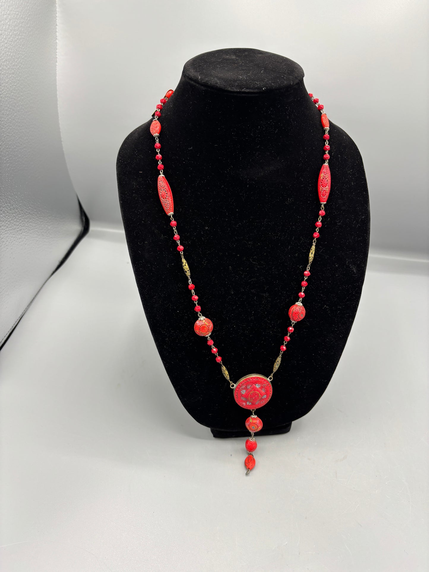 Red colored stone & Filigree bead necklace