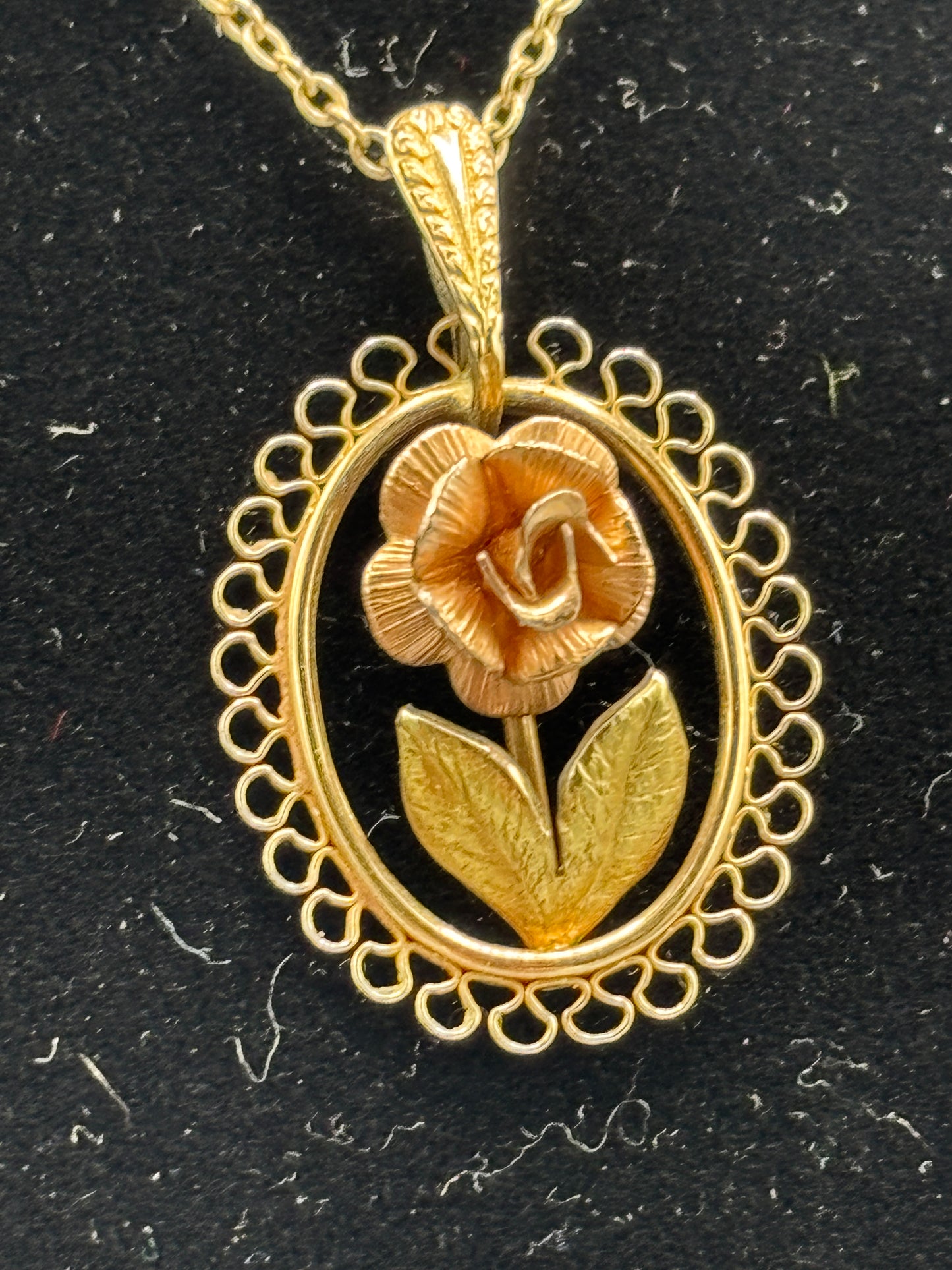 Vintage Kremontz 14k gold overlay necklace with pink rose