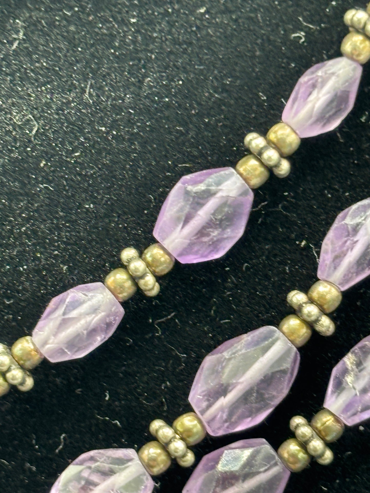 Purple glass & silver tone triple strand