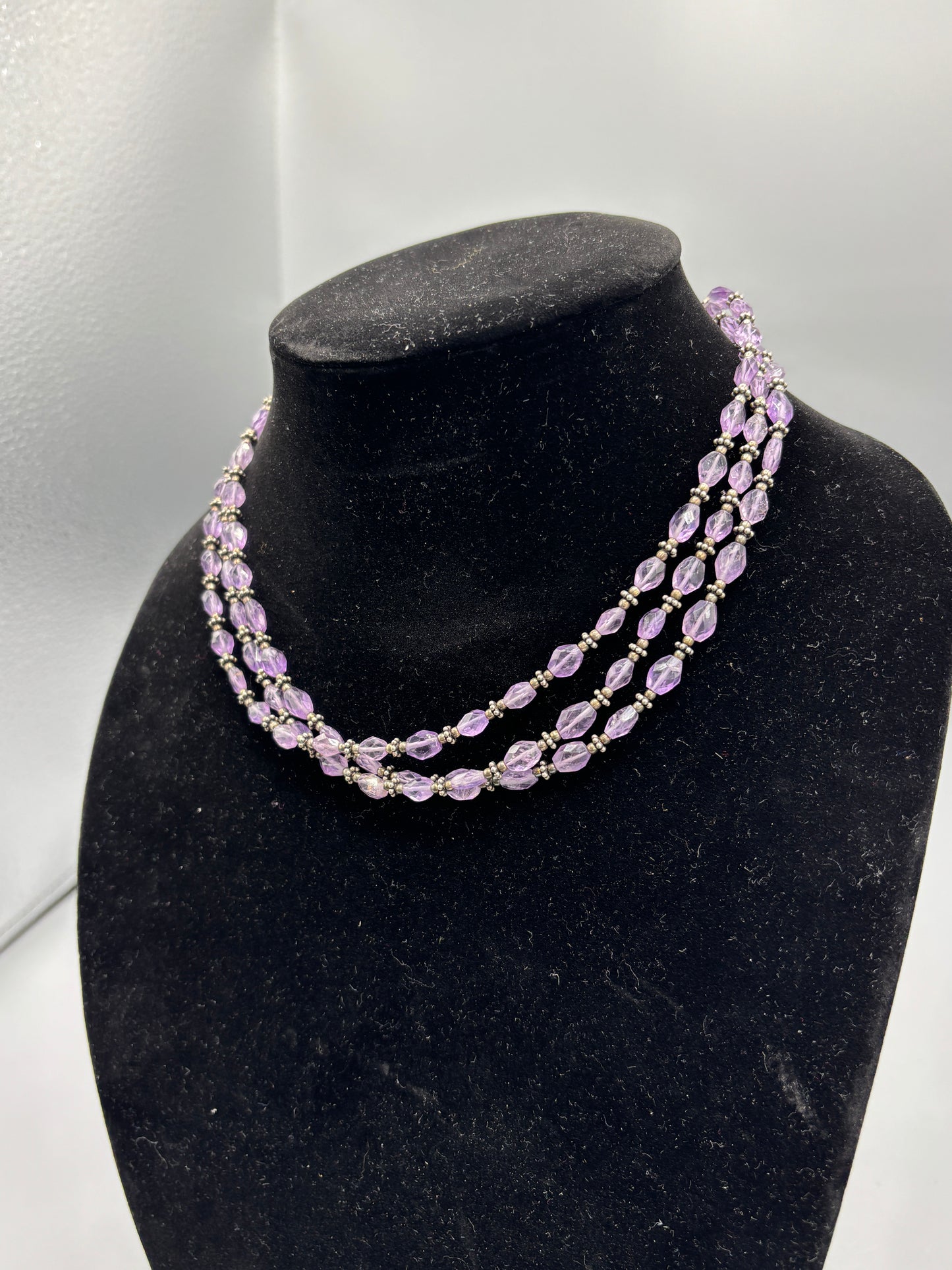 Purple glass & silver tone triple strand