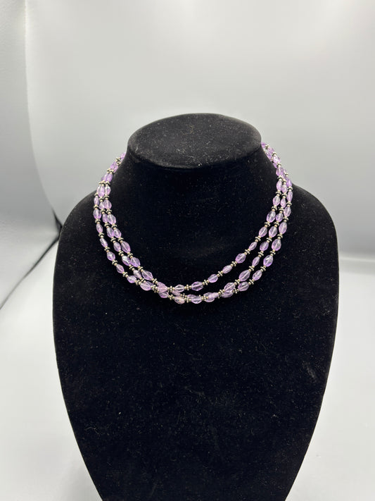 Purple glass & silver tone triple strand