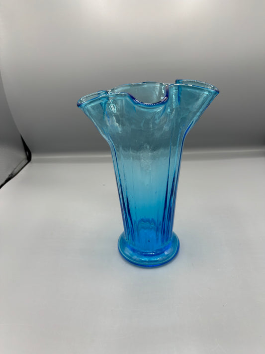 Vintage MCM blue ruffled fluted vase