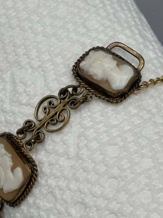 Gold tone filigree 5 Cameo bracelet