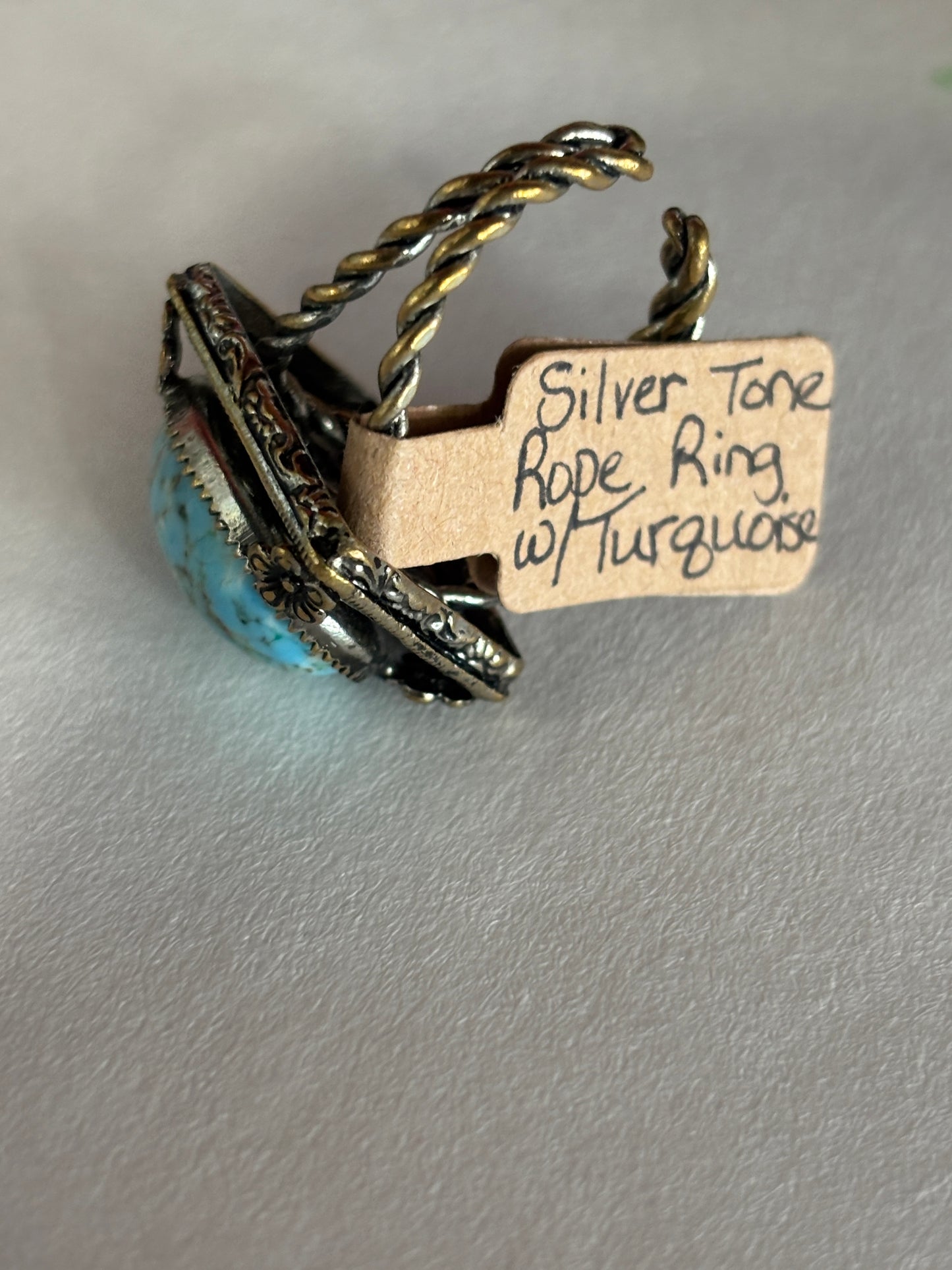 Silver tone rope ring with Turquoise