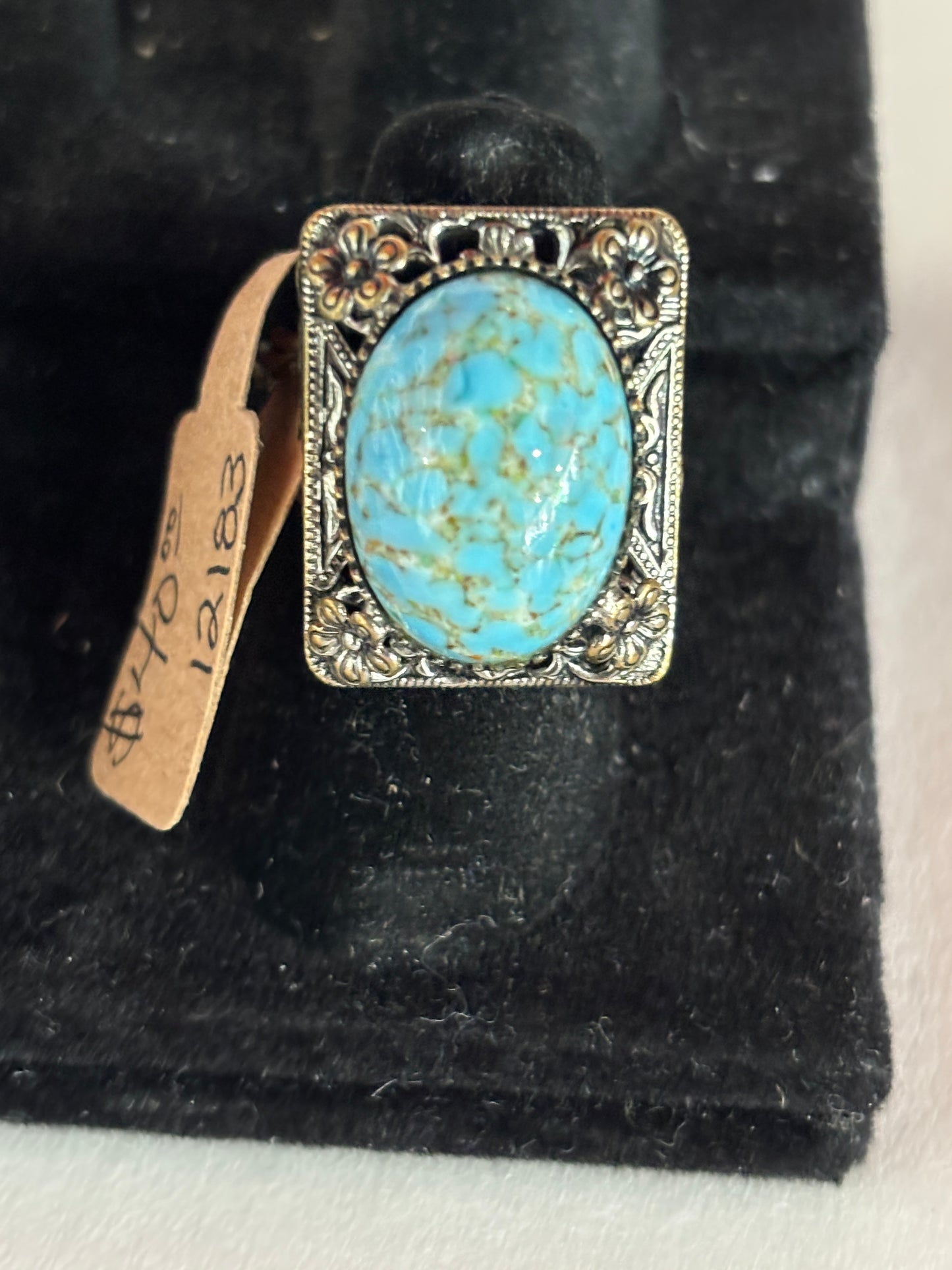 Silver tone rope ring with Turquoise