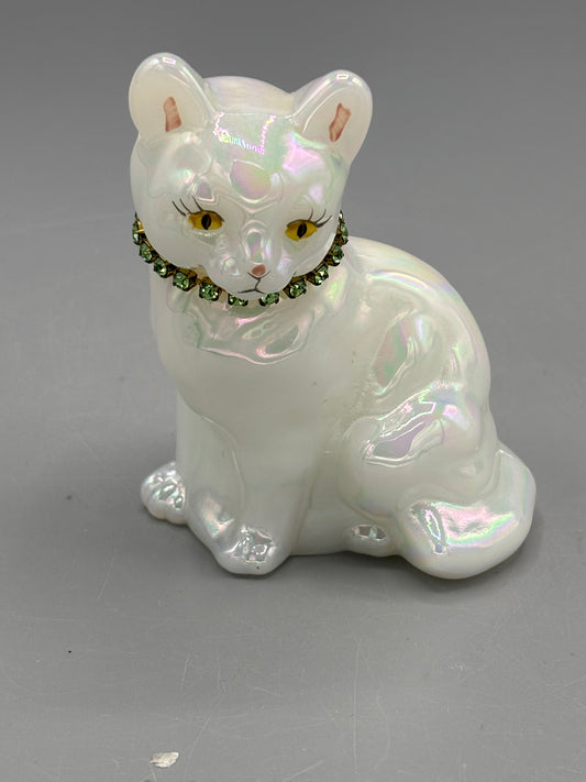 Vintage Fenton Iridescent  white cat with rhinestone collar