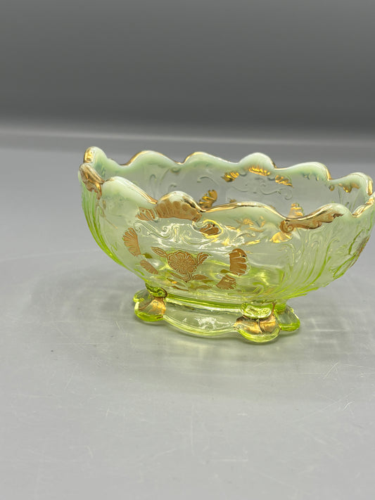 Vintage Vaseline gold trim Opalescent glass bowl