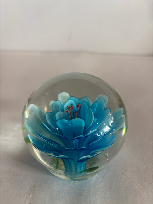 Vintage Art Glass Light Blue Flower Paperweight