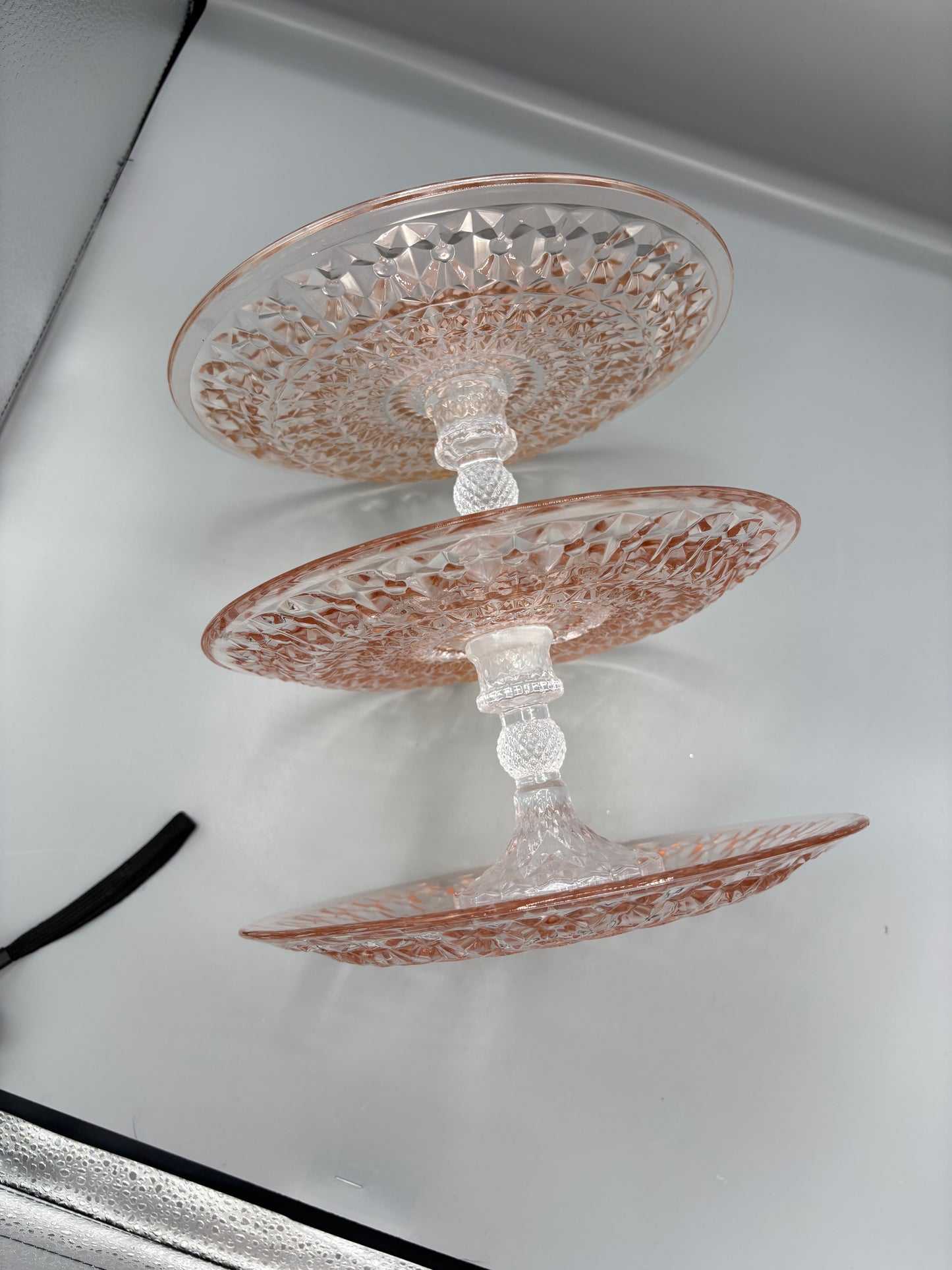 Three Tiered Pink Depression Glass Dessert Stand