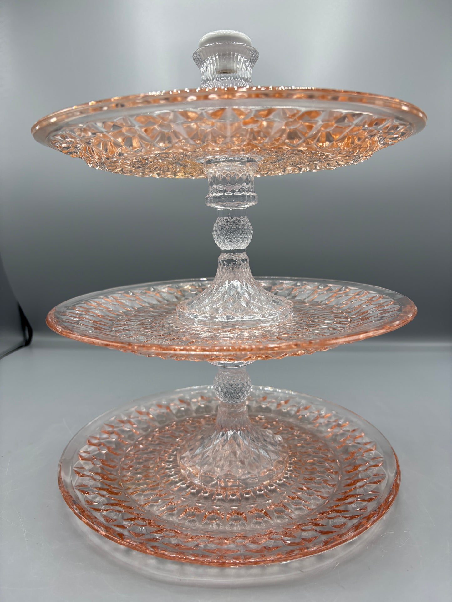 Three Tiered Pink Depression Glass Dessert Stand