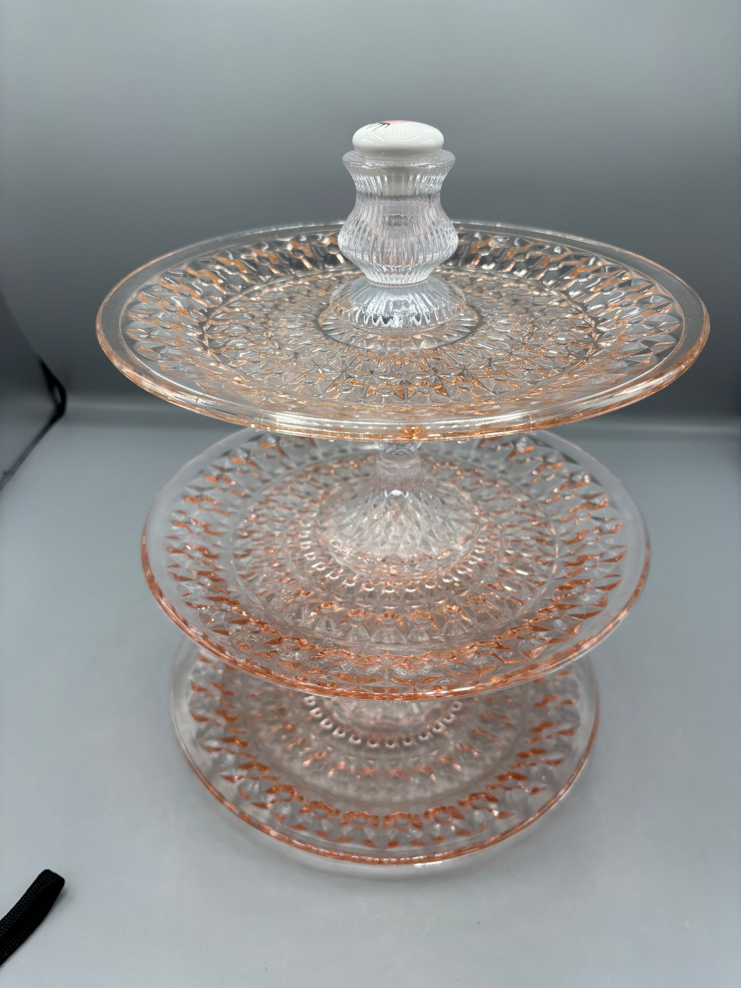 Three Tiered Pink Depression Glass Dessert Stand