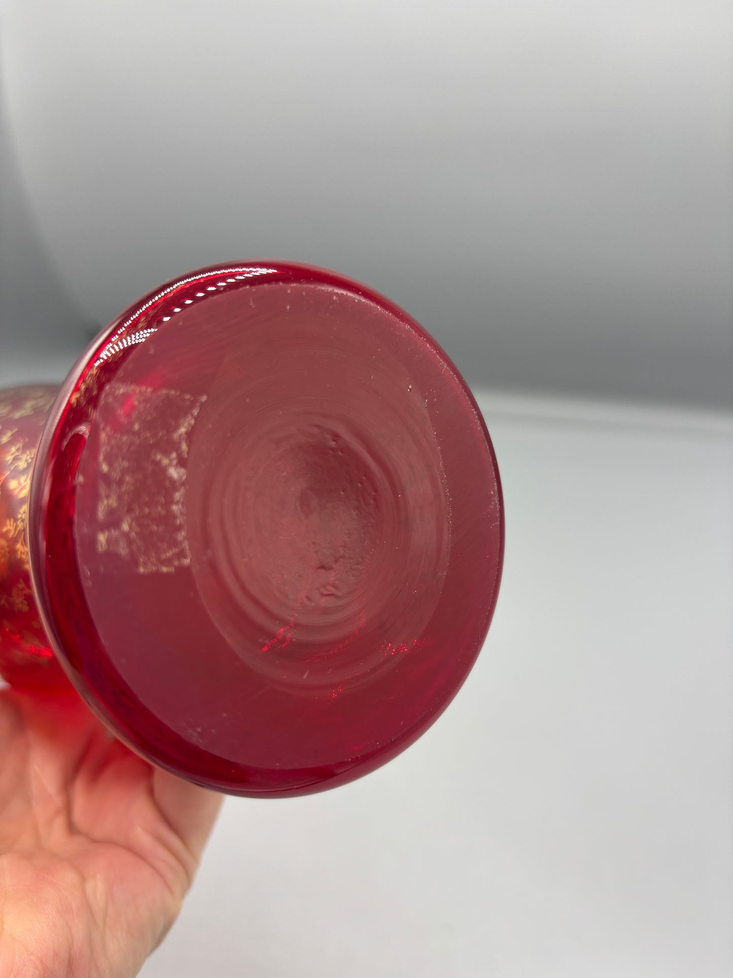 Vintage Vecchio Murano Ruby Red Glass Vase w/ 24k Gold accents