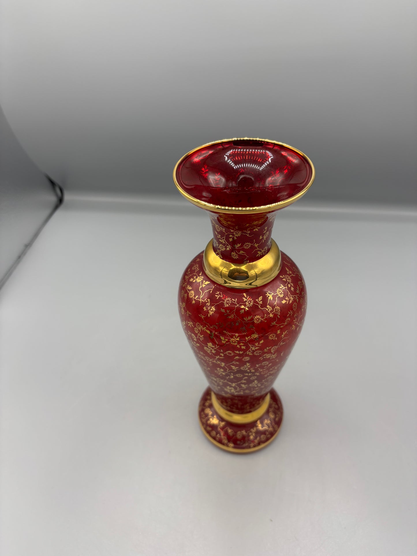 Vintage Vecchio Murano Ruby Red Glass Vase w/ 24k Gold accents