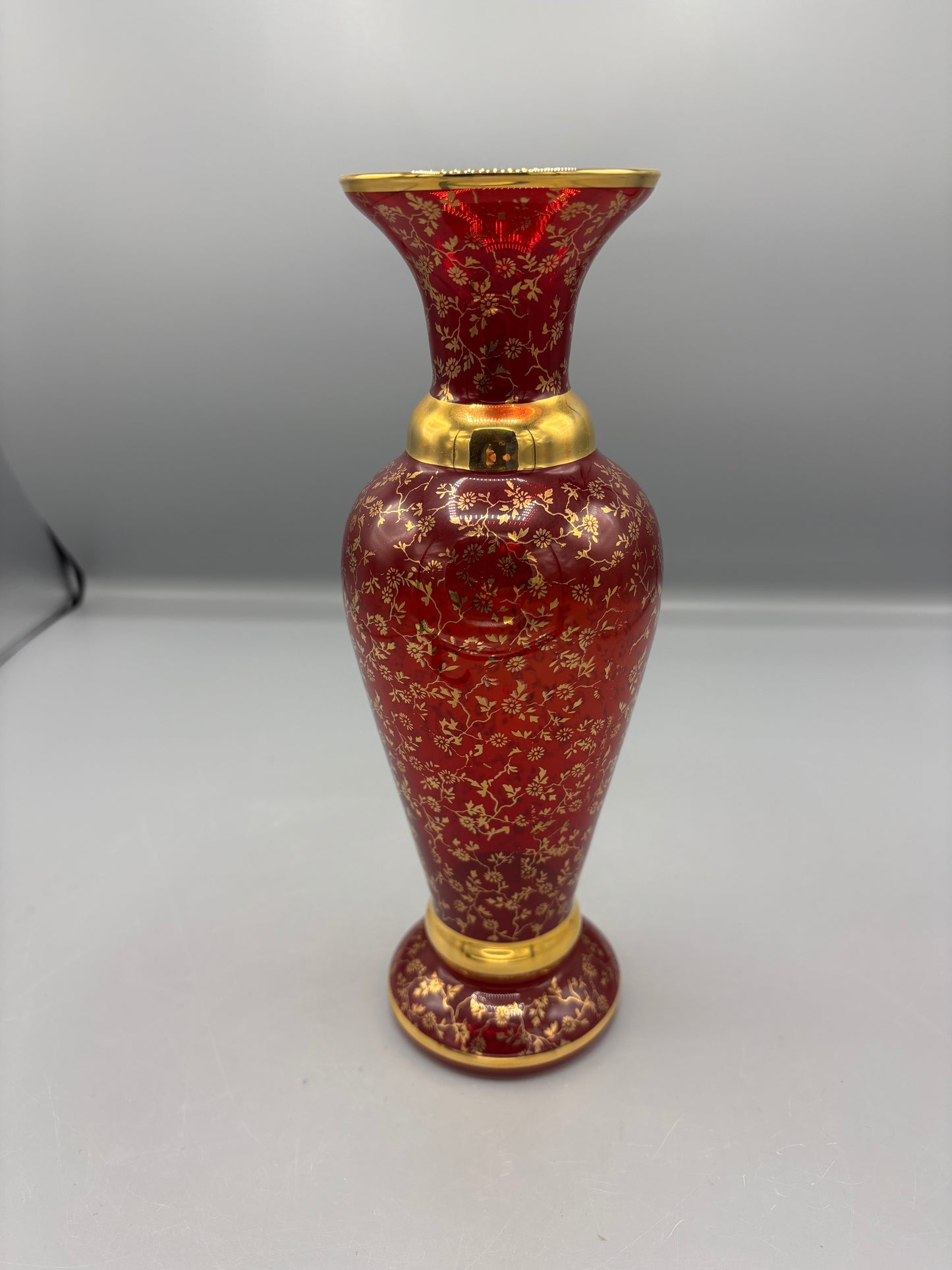 Vintage Vecchio Murano Ruby Red Glass Vase w/ 24k Gold accents