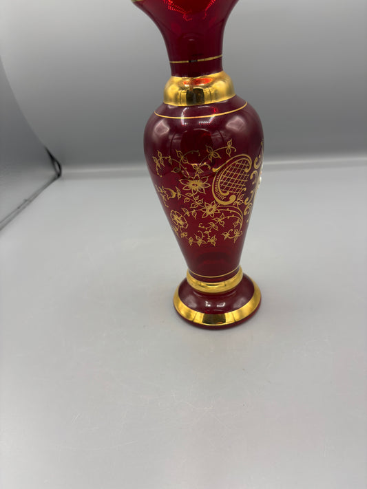 Vintage Vecchio Murano Ruby Red Glass Vase w/ 24k Gold accents