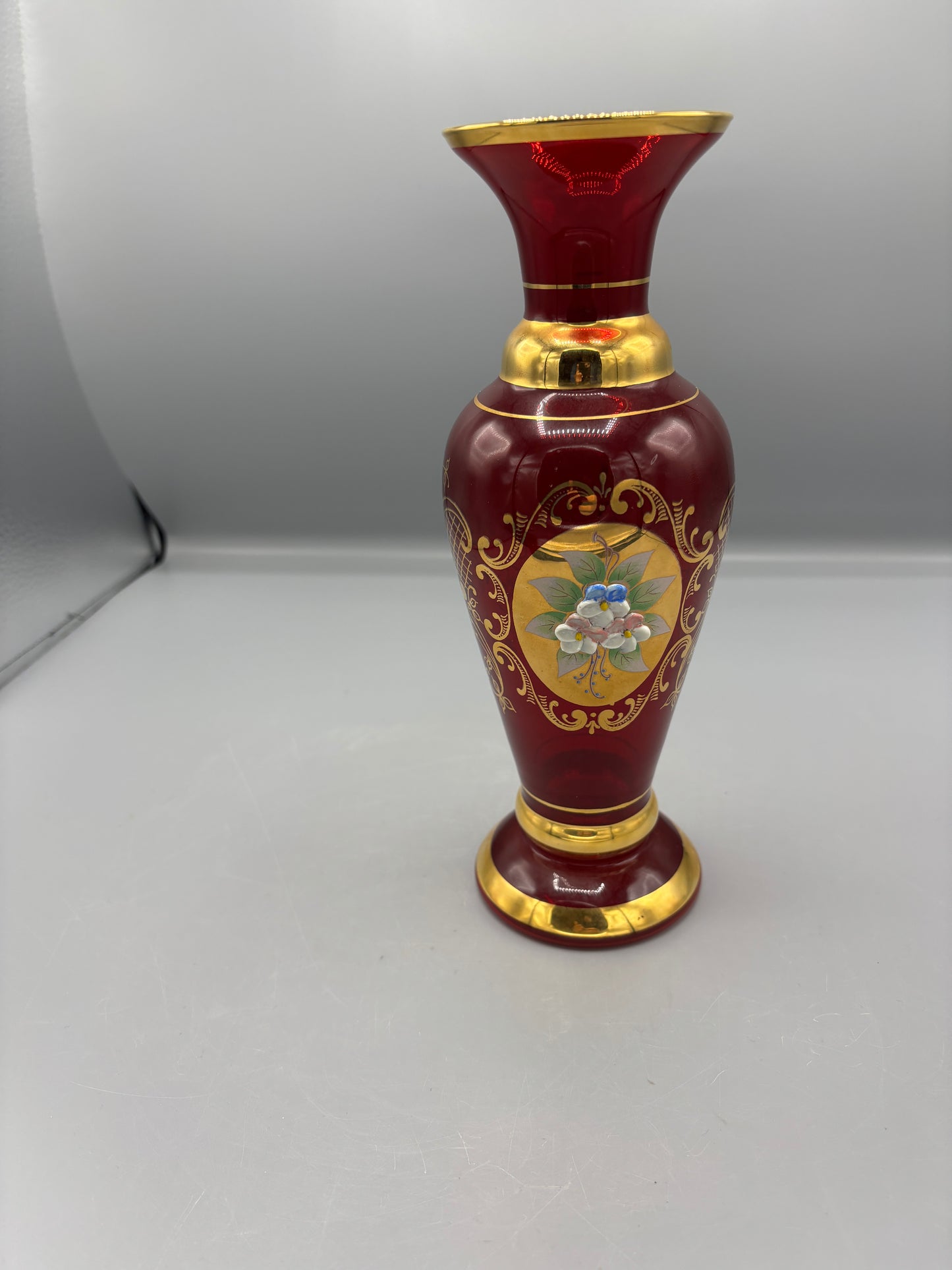 MCM Venetian Glass Vase w/ Floral Decoration & Gold Accents