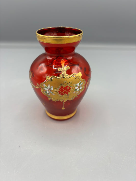 Vintage Ruby Red Murano 5" Bud Vase w/ Gold accents & flowers