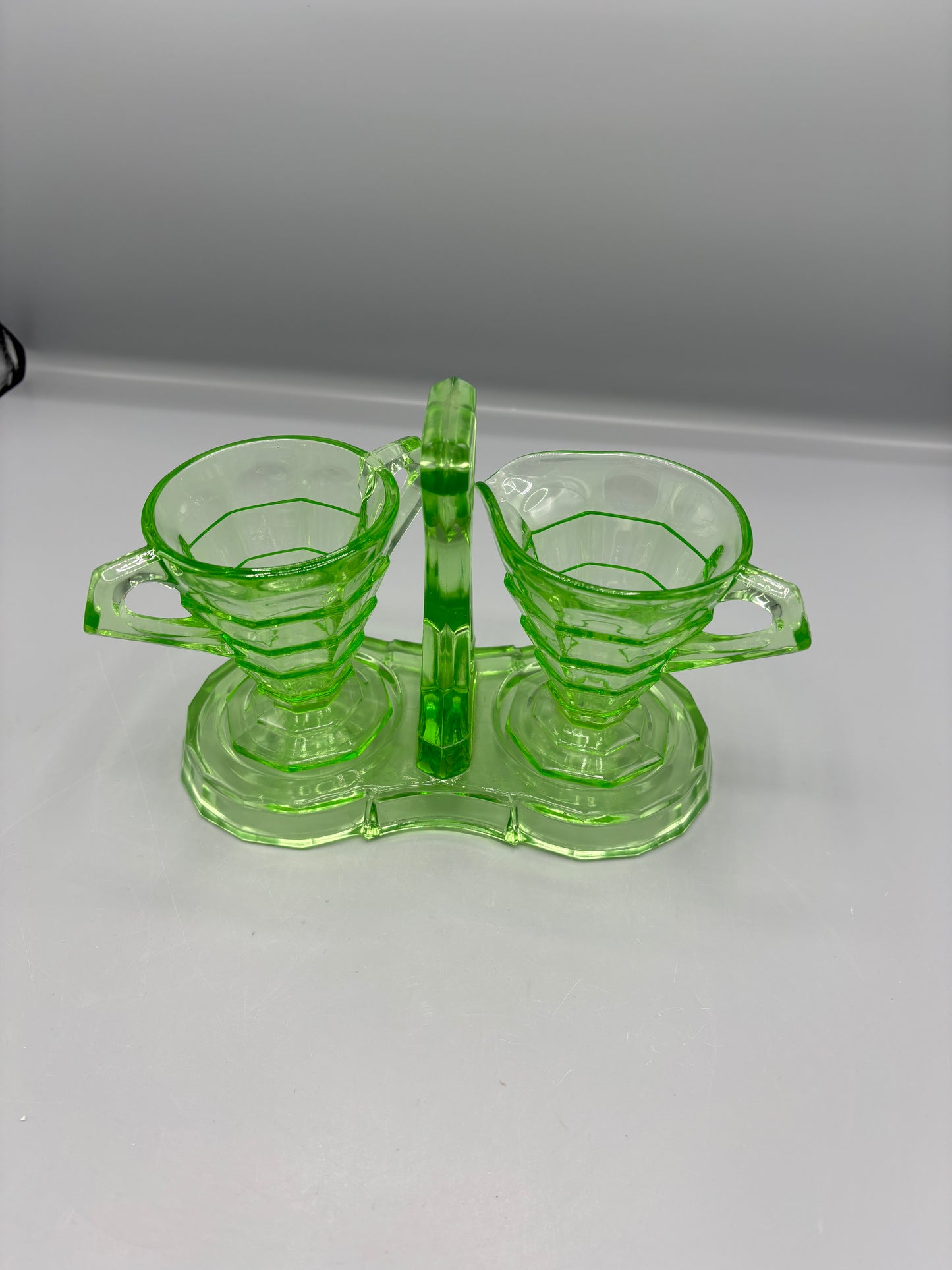 Vintage Uranium Indiana Glass Creamer & Sugar with Caddy