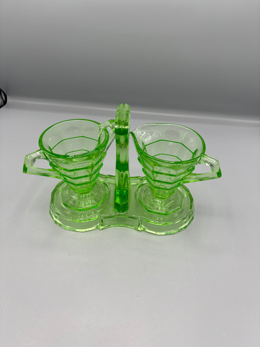 Vintage Uranium Indiana Glass Creamer & Sugar with Caddy