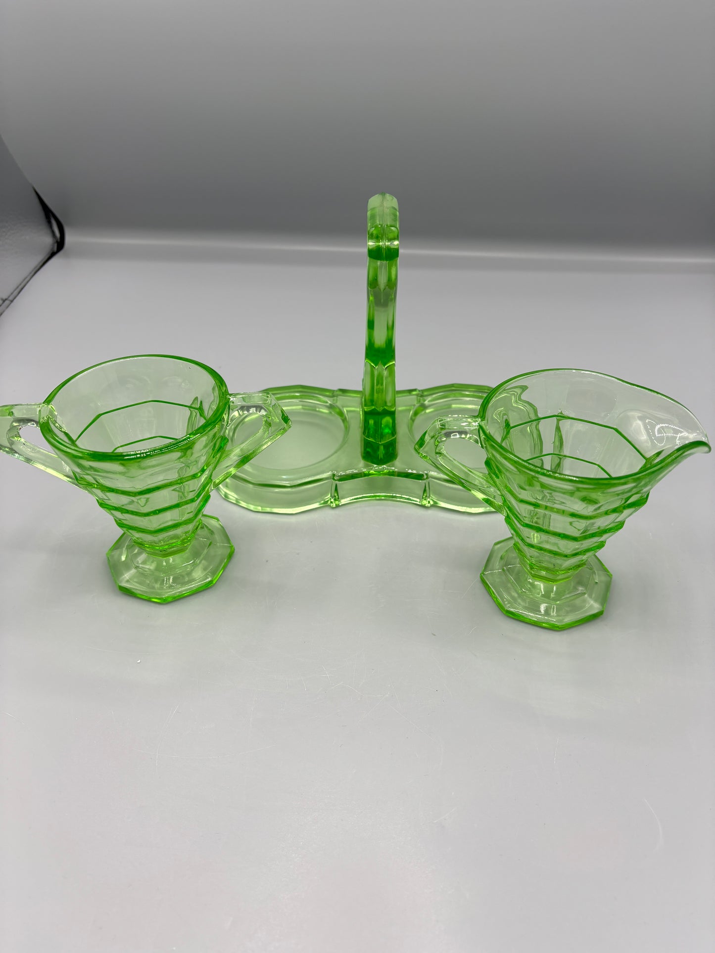 Vintage Uranium Indiana Glass Creamer & Sugar with Caddy