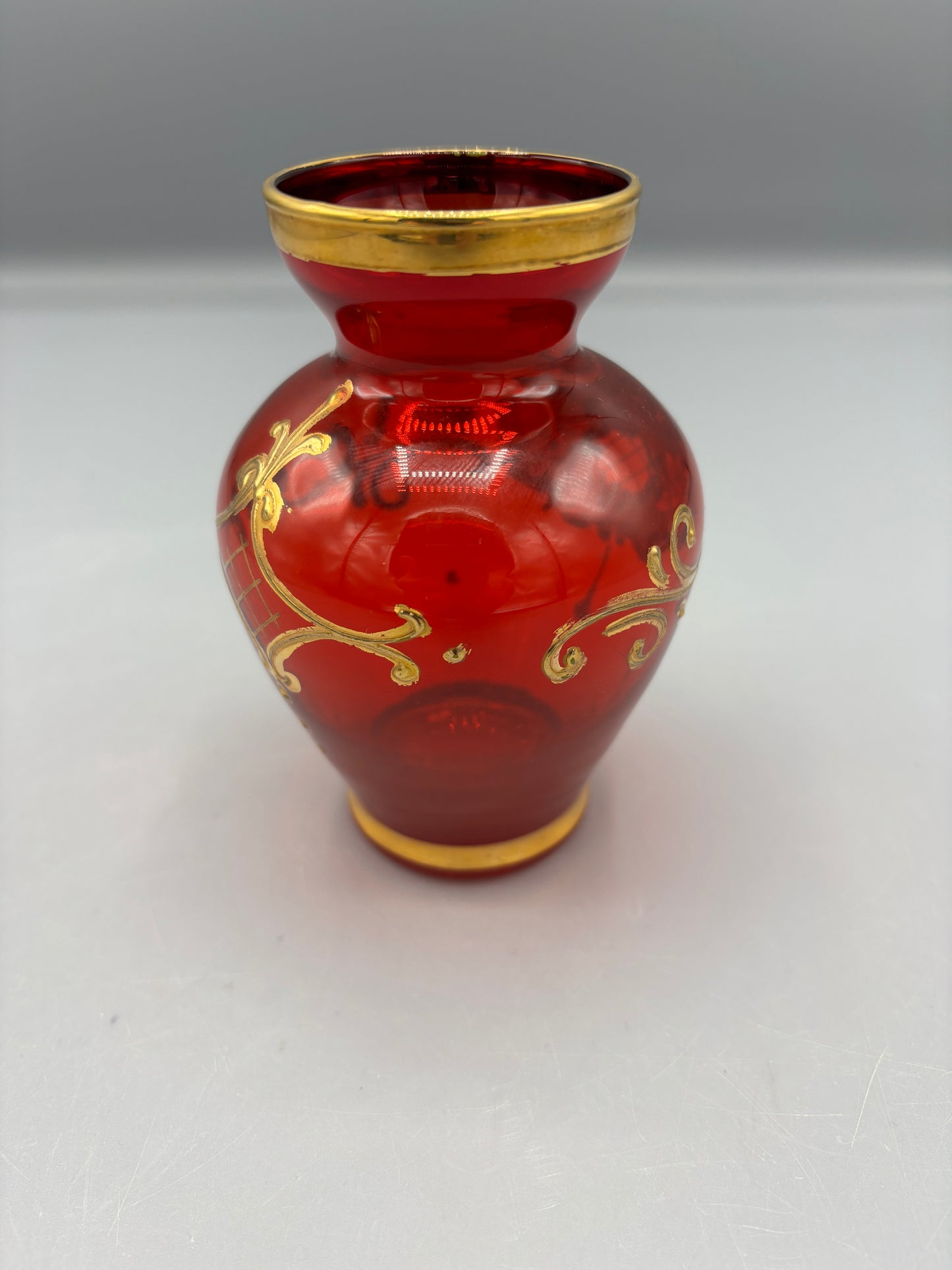 Vintage Ruby Red Murano 5" Bud Vase w/ Gold accents & flowers