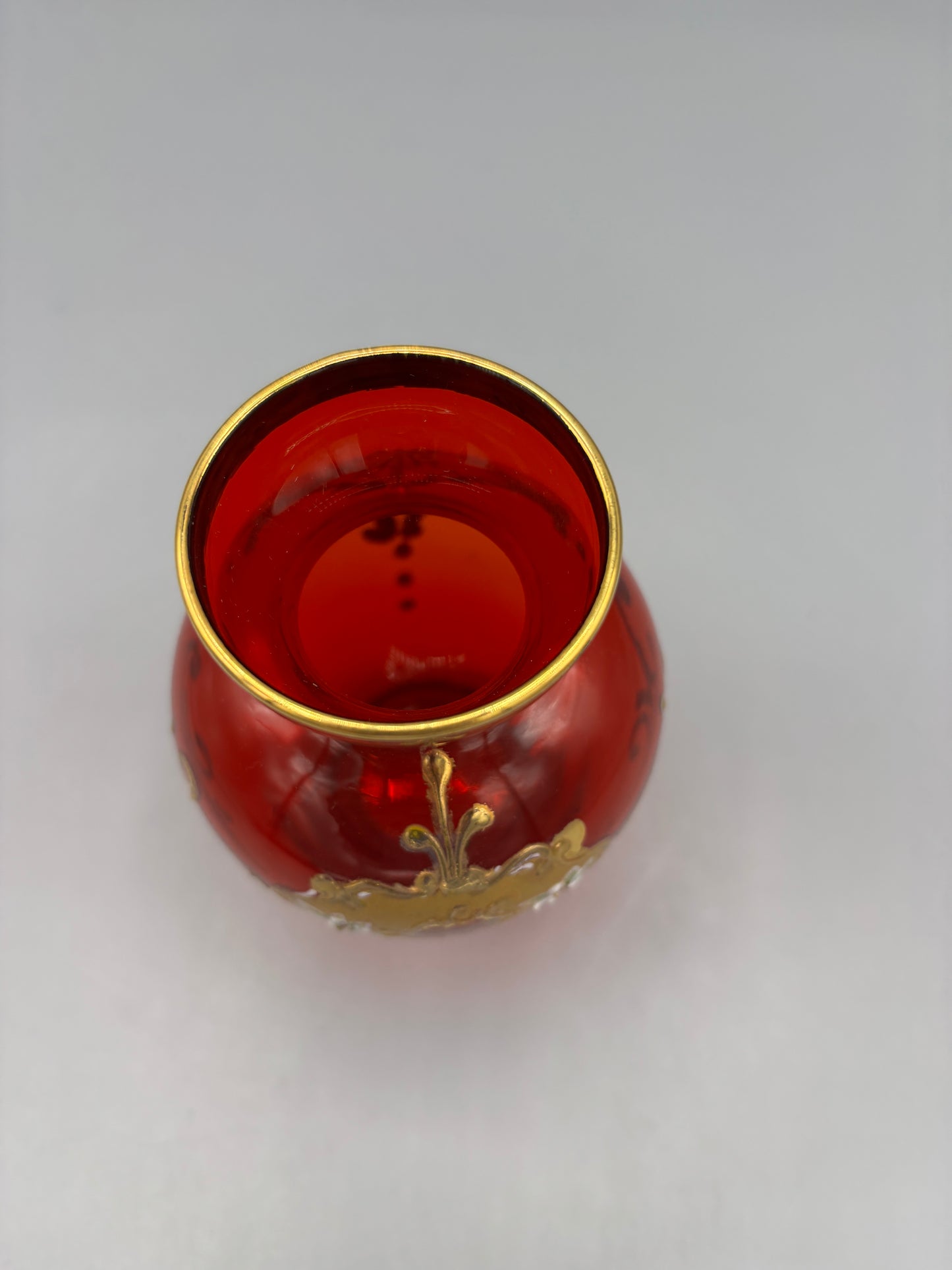 Vintage Ruby Red Murano 5" Bud Vase w/ Gold accents & flowers