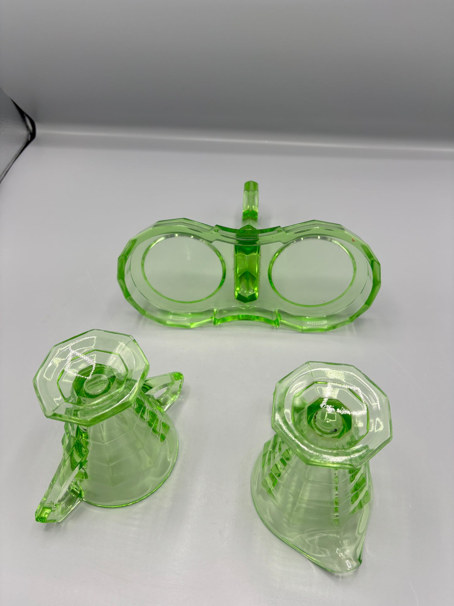 Vintage Uranium Indiana Glass Creamer & Sugar with Caddy
