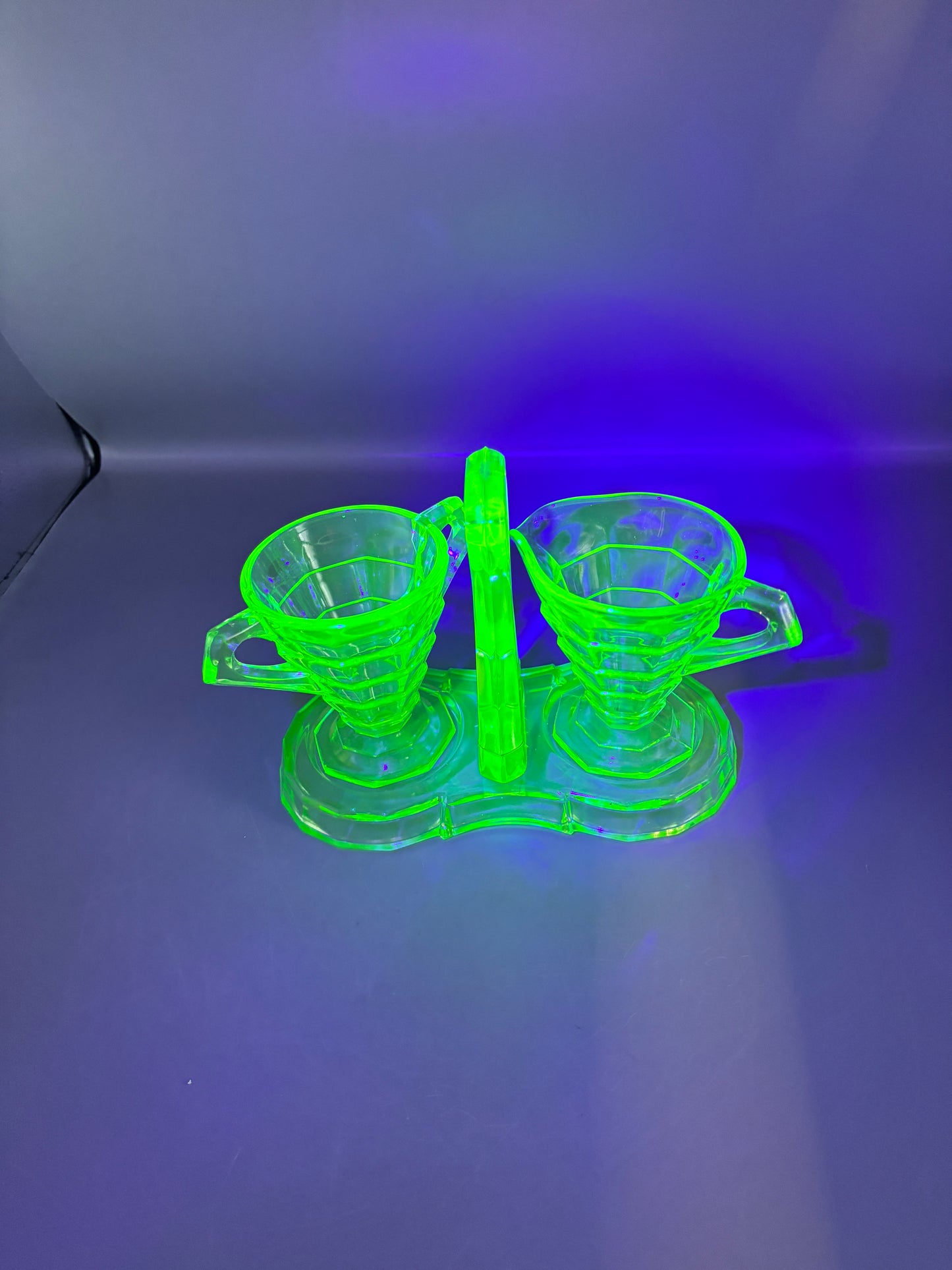 Vintage Uranium Indiana Glass Creamer & Sugar with Caddy