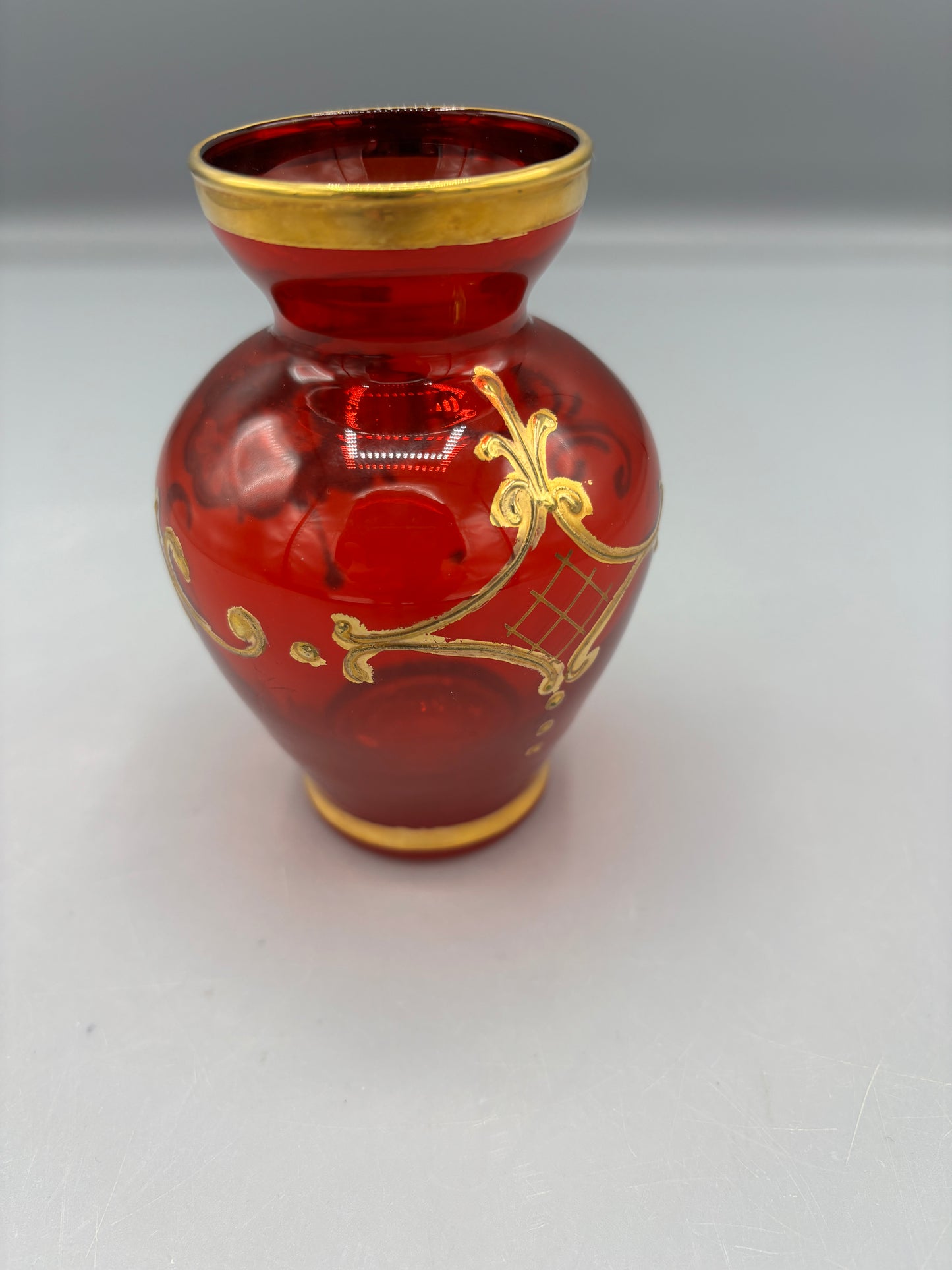 Vintage Ruby Red Murano 5" Bud Vase w/ Gold accents & flowers