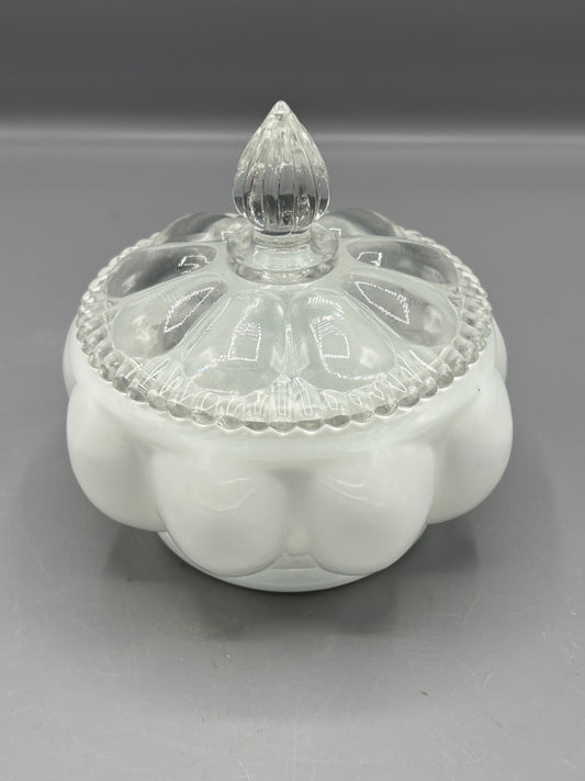 Vintage Fenton silver crest milk glass lidded powder jar with clear lid