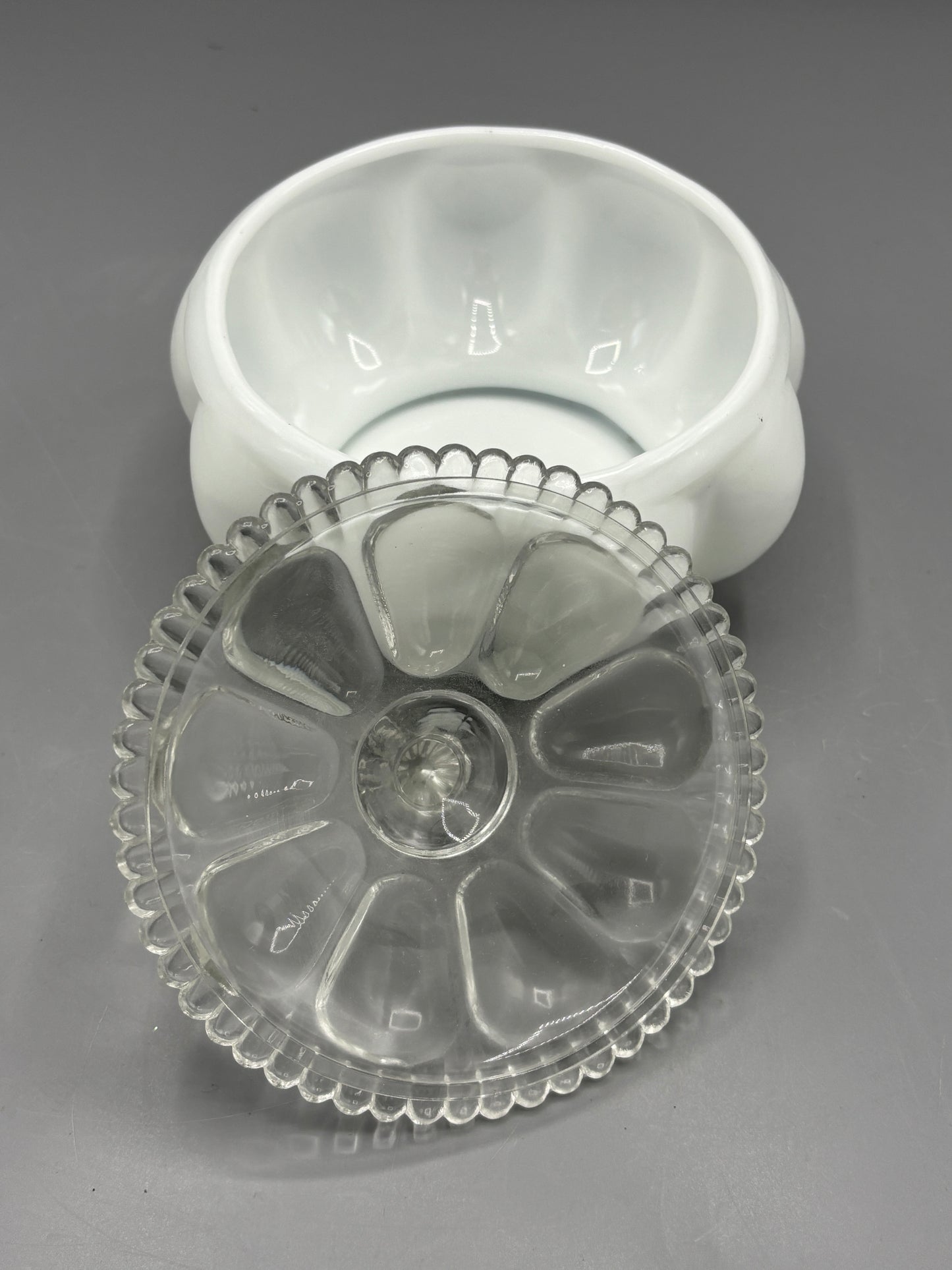 Vintage Fenton silver crest milk glass lidded powder jar with clear lid