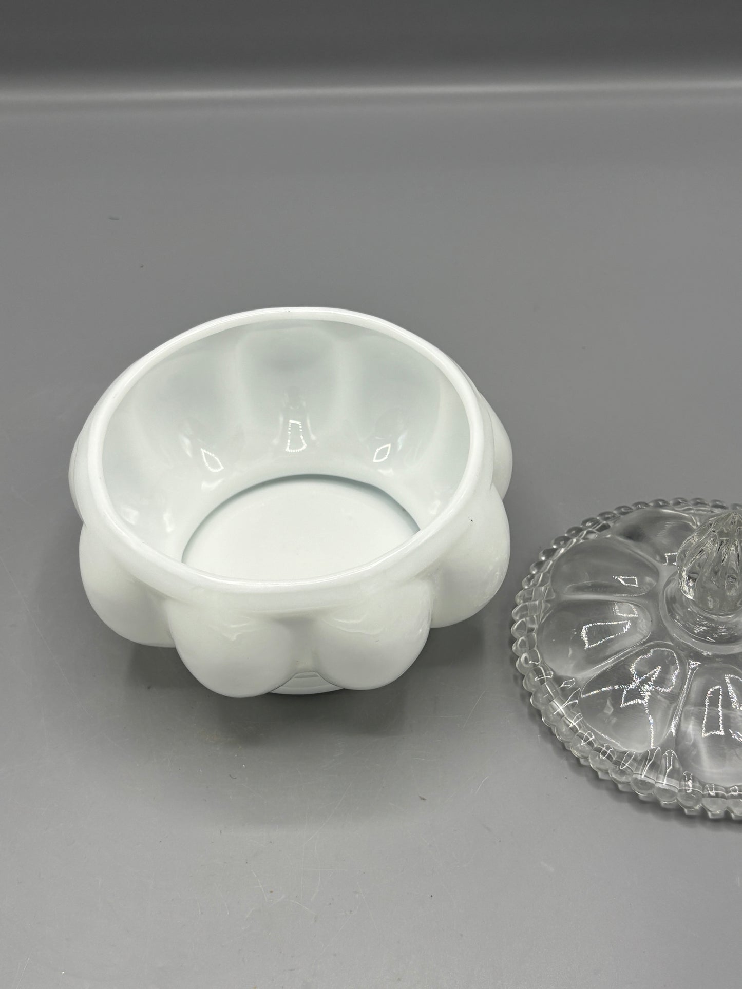 Vintage Fenton silver crest milk glass lidded powder jar with clear lid