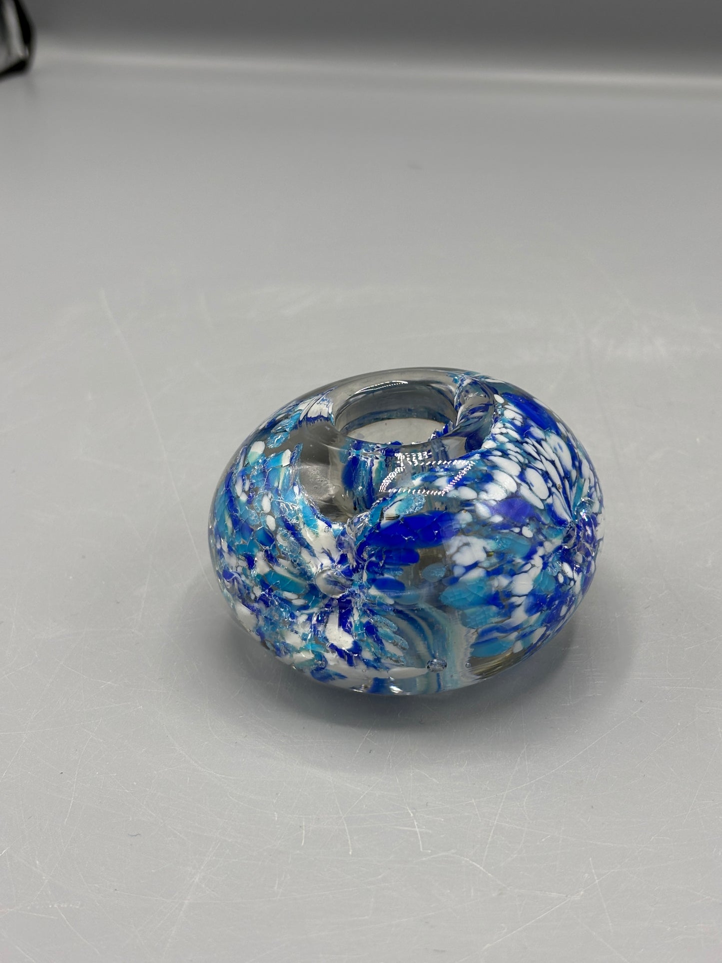 Vintage glass candle holder with blue & white swirls