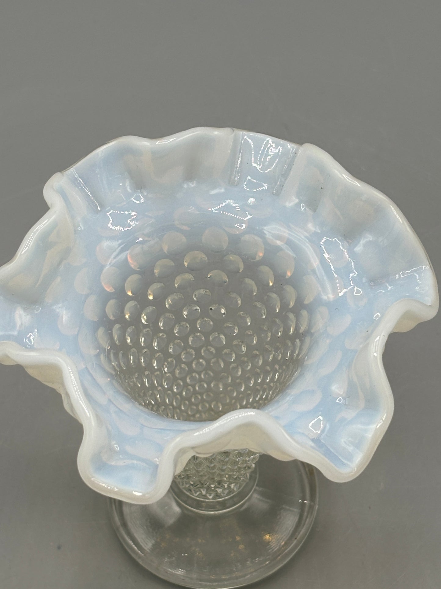 Vintage Opalescent hobnail vase with ruffle
