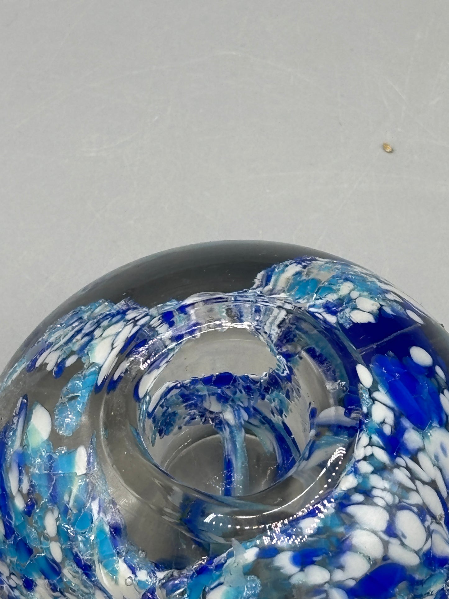 Vintage glass candle holder with blue & white swirls