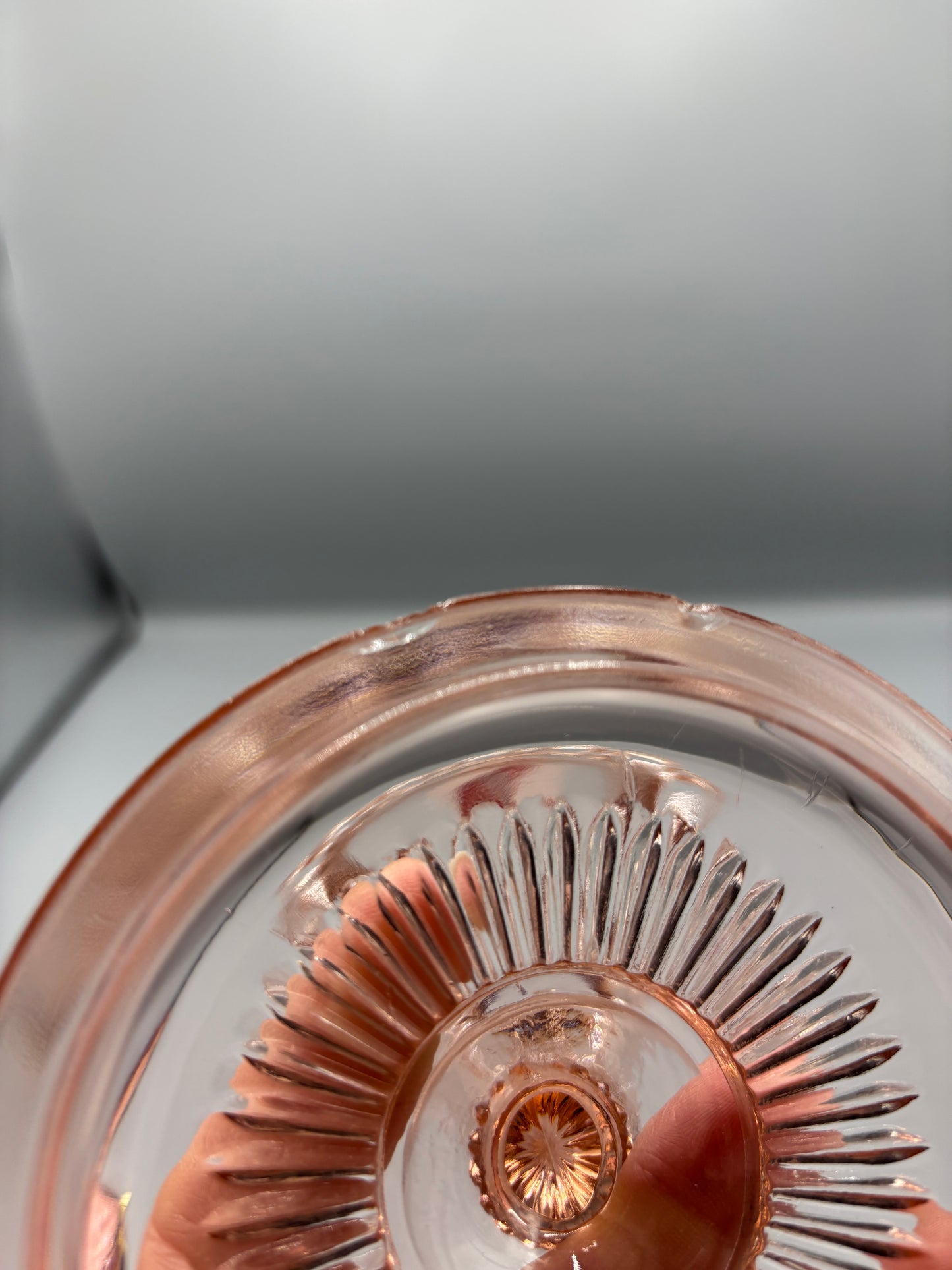 Vintage pink depression glass cookie jar with lid