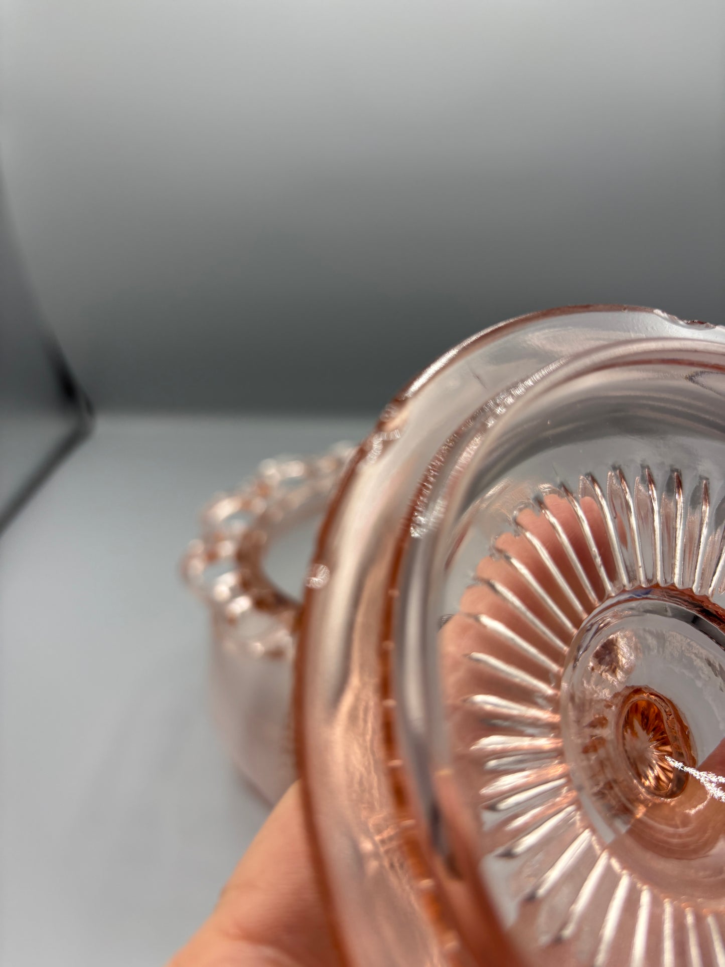 Vintage pink depression glass cookie jar with lid