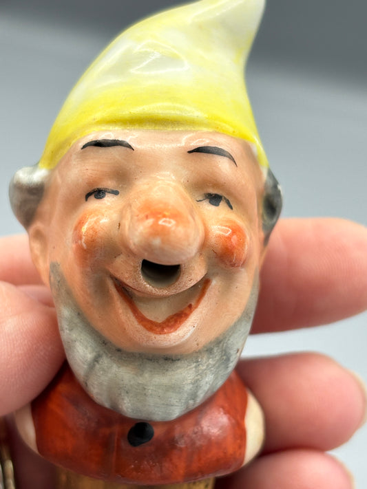 Vintage German porcelain gnome bottle stopper with cork
