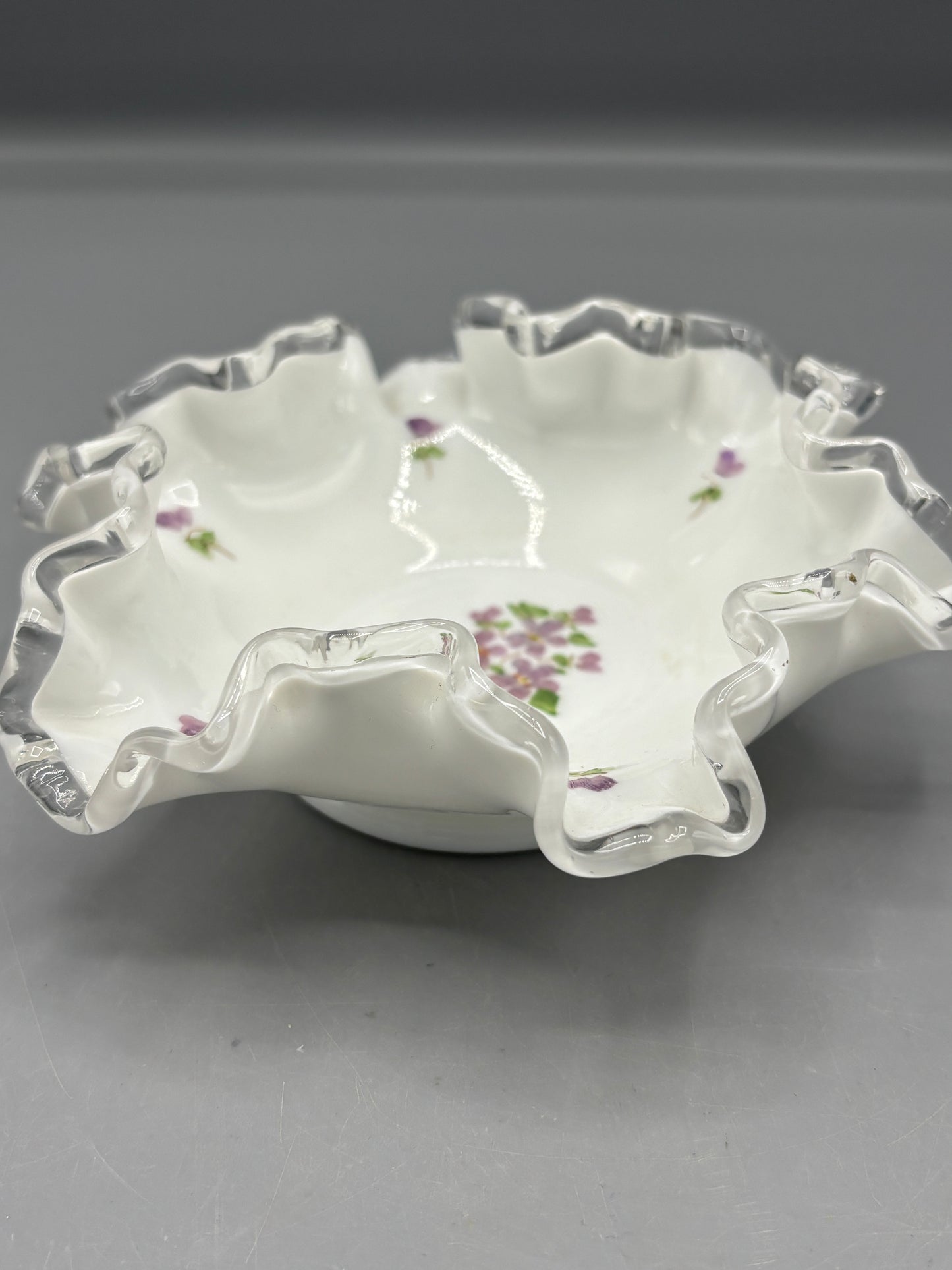 Vintage Fenton violets in the snow silver crest candy dish