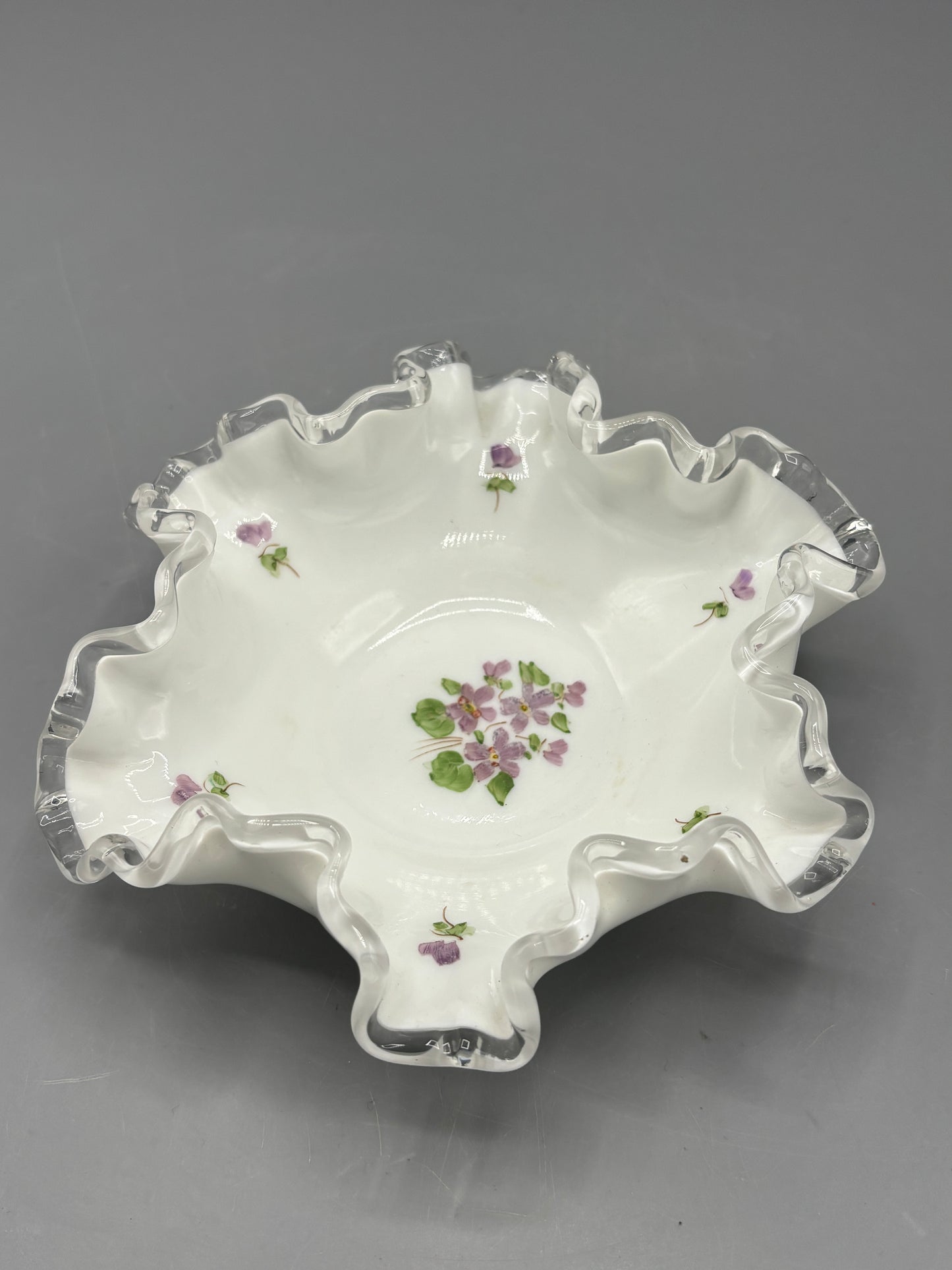 Vintage Fenton violets in the snow silver crest candy dish